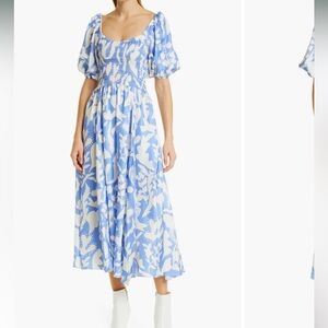 La Ligne Midi Dress Women’s Medium Lola Floral Silk Puff Sleeve Blue White B6
